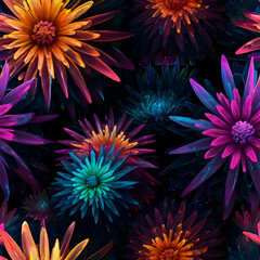 Obraz premium Abstract digital artwork of colored flowers a dark cosmic background, futuristic and mesmerizing aesthetic