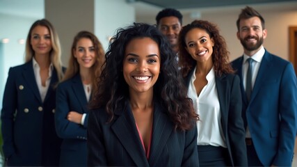 Potrait of diverse business team in suits stands together, African American men and women in office attire look happy, confident, professionals in corporate setting, photo shows strong team spirit