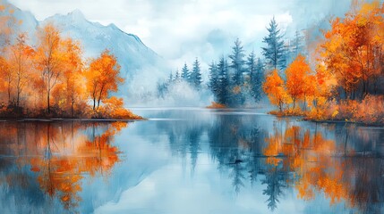 Fototapeta premium Quiet lake reflecting autumn trees, serene colors, peaceful atmosphere