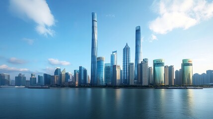 Obraz premium A contemporary office building stands tall in the Lujiazui district of Shanghai, embodying the city's rapid modernization. Its sleek facade reflects the vibrant energy of this financial hub