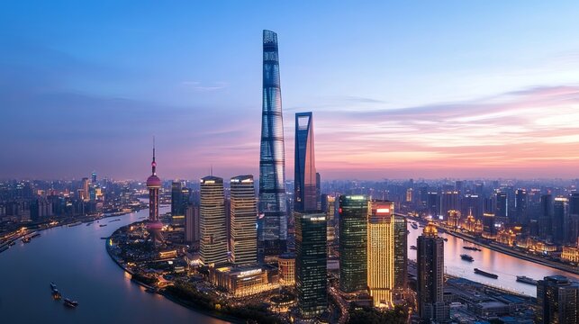 A contemporary office building stands tall in the Lujiazui district of Shanghai, embodying the city's rapid modernization. Its sleek facade reflects the vibrant energy of this financial hub