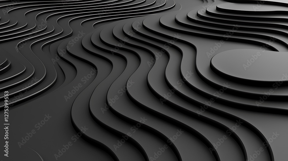Aufkleber 3D rendered black wave pattern design with topographic lines, for modern backgrounds and textures