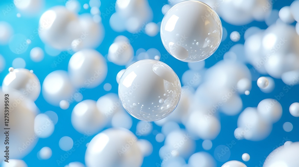 Poster 3D abstract glossy white spheres floating on a bright blue gradient background, for science and technology use