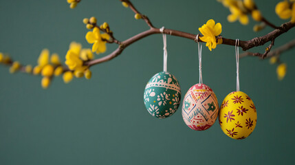 An Easter egg tree adorned with yellow blossoms and beautiful blown eggs, creating a charming and festive spring display.  
