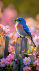 A close-up of a bluebird perched on a rustic wooden fence, with soft-focus flowers blooming in the background. Blue Bird Day, as a symbol of spring and the return of birds. Copy space. Card. Wallpaper