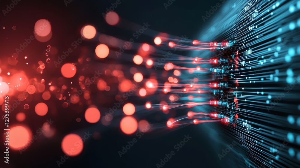 Poster a graphic illustration of a secure network connection with data packets flowing through a protected 