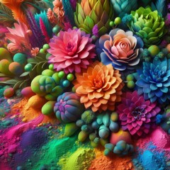 Vibrant powder pigments resemble colorful, fantastical flowers nestled amongst greenery.
