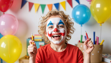 Joyful child with clown face paint at birthday party, festive celebration