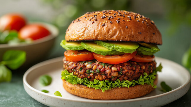 nternational Burger Day, Healthy vegetarian burger with whole wheat bun, red bean and vegetable based patty, fresh avocado slices, cherry tomatoes, vegan cheese and pesto sauce on top - Powered by Adobe