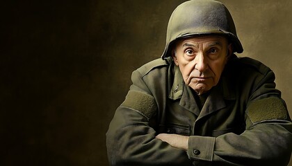 Aged soldier portrait, studio shot, somber expression