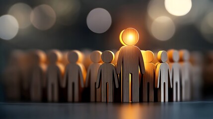 An conceptual representation of uniqueness and personal identity featuring a glowing wooden figure standing among a group of neutral unlit silhouetted figures