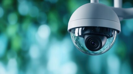 A dome shaped security camera mounted on a ceiling, overlooking a public space, emphasizing surveillance and security measures.