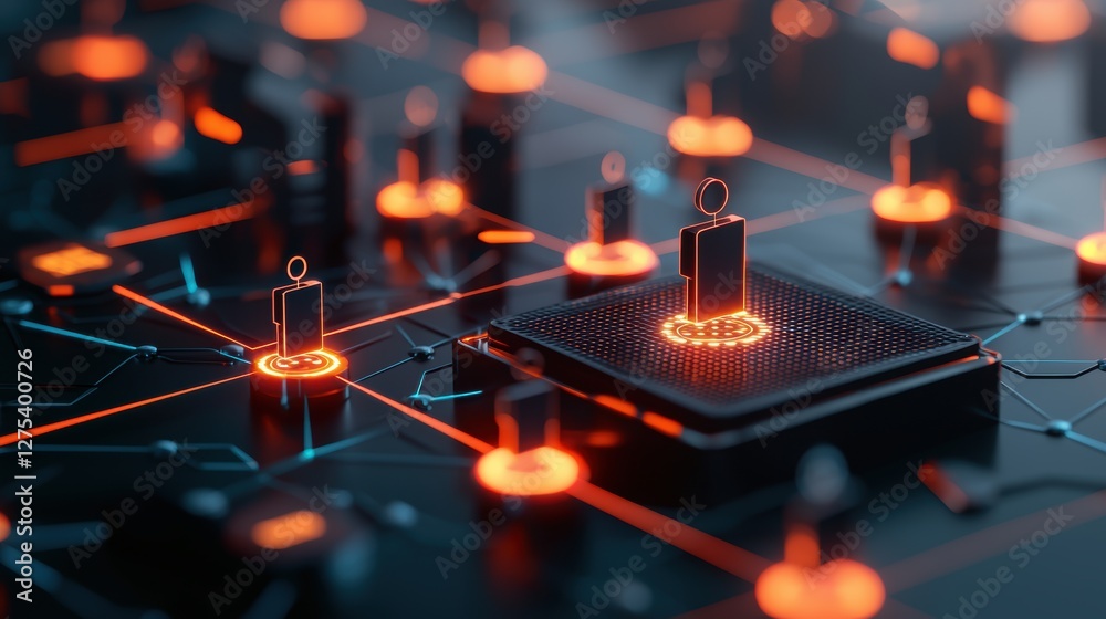 Poster a glowing network diagram with multiple devices connected through a secure firewall, representing ne