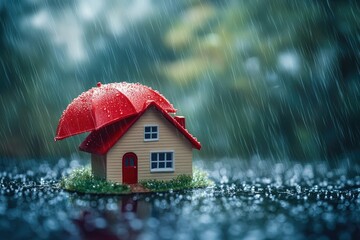 Miniature house protected by umbrella in heavy rain