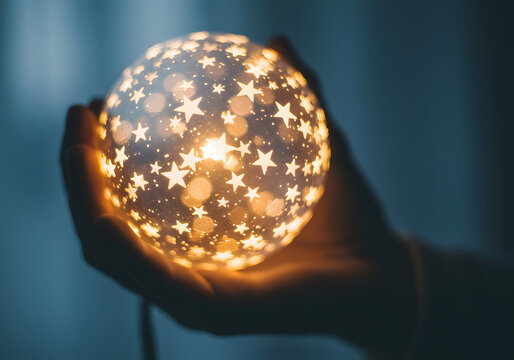 Magical Hand-Held Starry Light Globe with Warm Bokeh Glow, Stars are used as a visual representation of users' opinions and experiences in digital era of reviews and ratings