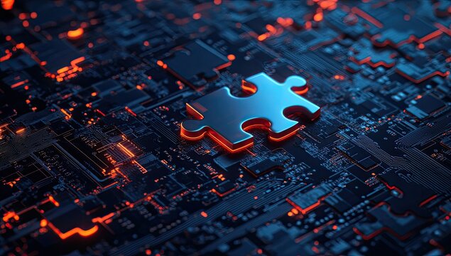 Missing piece on glowing circuit board - Powered by Adobe