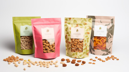 Eco-friendly packaging of dry pet food isolated on white background.