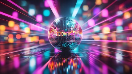 Mesmerizing nightclub scene featuring a radiant disco mirror ball at the center surrounded by beams of colorful LED lights  The glowing reflections bounce off the metallic dance floor