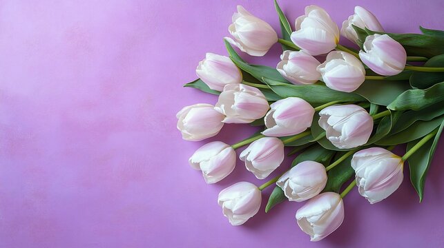 Elegant arrangement of white and pale purple tulips on a soft lavender background, ideal for Mother's Day promotions, floral designs, and congratulatory cards.