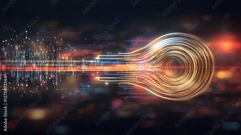 Poster Cybersecurity themed of a radiant golden key integrated into a quantum digital landscape with glowing security nodes and encrypted pathways ensuring unbreakable data protection
