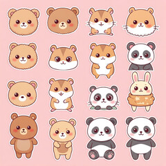 Fototapeta premium Adorable kawaii-style animal illustrations, featuring bears, hamsters, rabbits, and pandas with a soft pastel background. Perfect for stickers, planners, and digital designs.