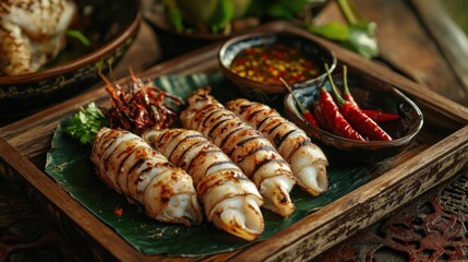 A plate of perfectly grilled squid on a traditional wooden tray, with dipping sauce and chili peppers on the side.