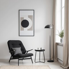 Modern Minimalist Living Room Interior with Black Armchair and Abstract Art