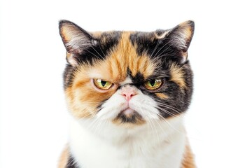 Obraz premium Angry cat isolated on white. Calico British shorthair cat portrait looking serious. Grumpy kitten seated. Striped furious cat with a unhappy dissatisfied face. Feline giving you a disdainful look