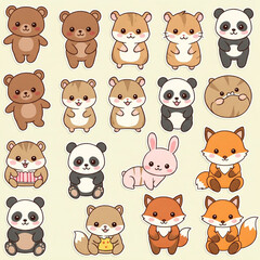 Fototapeta premium Charming collection of cute cartoon animals including bears, hamsters, pandas, rabbits, and foxes. Perfect for children's designs, educational materials, or fun illustrations, adding a playful and ado