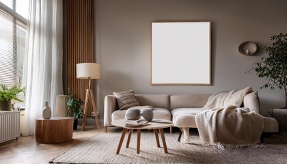 Stylish Living Room Interior with Mock Up Poster Frame A 3D Render Showcasing a Cozy yet Elegant Space, Blending Modern Minimalism and Classic Artistry. The Warmth of the Sunset Tones Create a