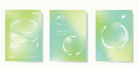 Modern gradient poster background vector set. Minimalist poster summer and spring cover template with green geometric, bubble. Ideal design for social media, banner, card, ads © babeer