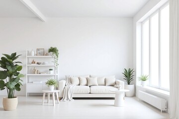 Modern living room large window white sofa shelves coffee table plants
