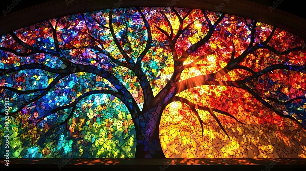 Poster mesmerizing stained glass window suspended within the branches of a majestic tree glowing with vibra