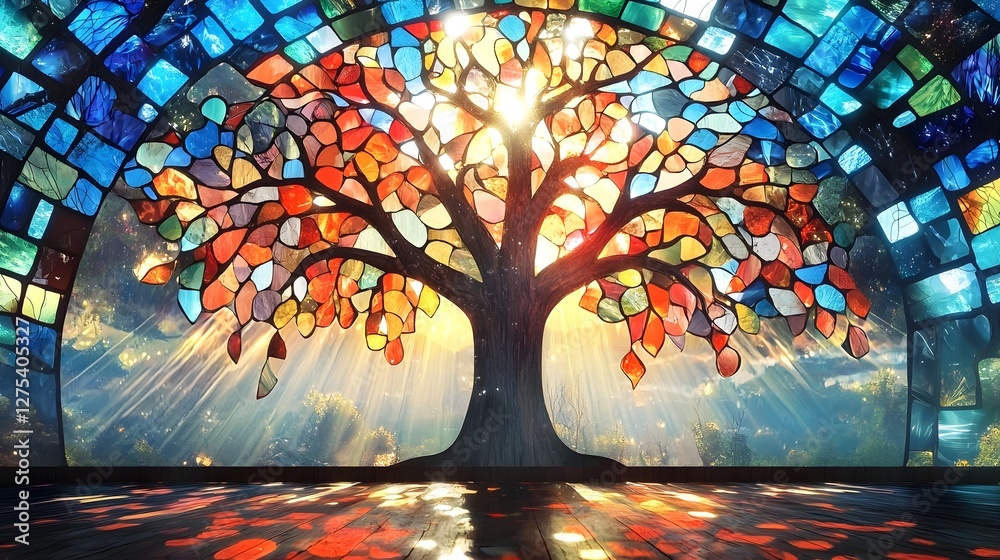 Aufkleber surreal scene of a large stained glass window embedded within an ancient tree radiating colorful lig