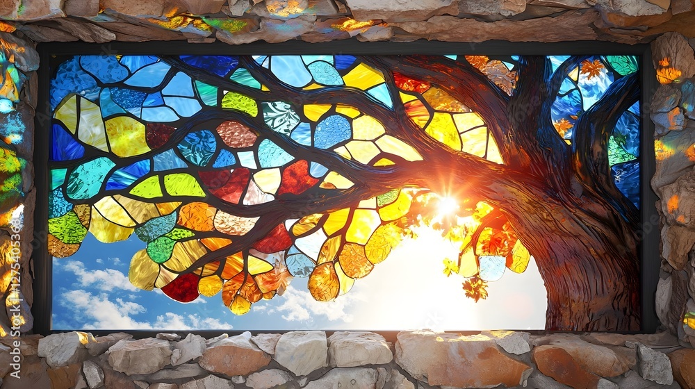Aufkleber Enchanting stained glass window seamlessly integrated into the trunk of an ancient oak tree