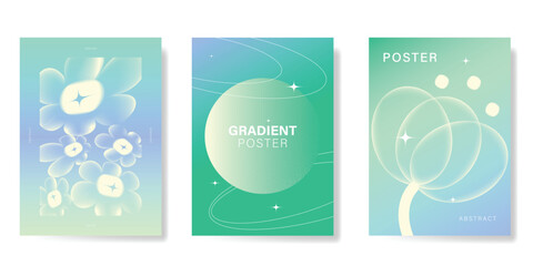 Modern gradient poster background vector set. Minimalist poster summer and spring cover template with green geometric, flower. Ideal design for social media, banner, card, ads.