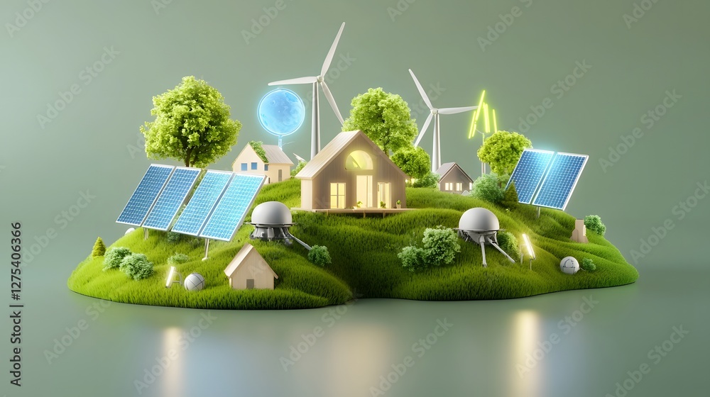 Poster futuristic and sustainable renewable energy concept featuring solar panels wind turbines and a digit
