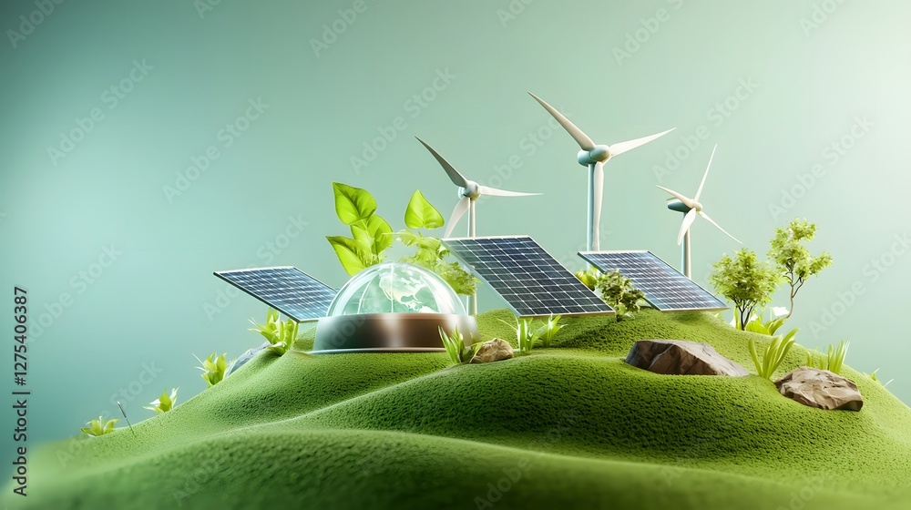 Poster renewable and sustainable energy technology featuring solar panels wind turbines and other eco frien