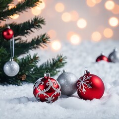 Red and Silver Christmas Ornaments in Snow