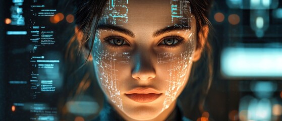 Futuristic woman with digital overlay in tech setting
