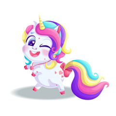 A cute smiling unicorn is dancing and winking. A charming animal with a bright mane and golden horn on a white background. Isolated vector illustration for design, prints and patterns.