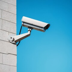 Security Camera on White Brick Wall Against Blue Sky