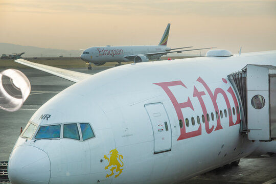 ADDIS ABABA, ETHIOPIA - JANUARY 29, 2025: Airplanes from Ethiopian Airlines lined at the Addis Ababa Bole International Airport , formerly Haile Selassie International Airport.