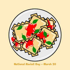 National Ravioli Day to celebrate on March 20th. A typical Italian dish of pasta dough served with broth and sauce on a plate on a beige background. Food event banner.