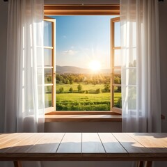 Fototapeta premium Sunlit Landscape View from Open Window with Wooden Table