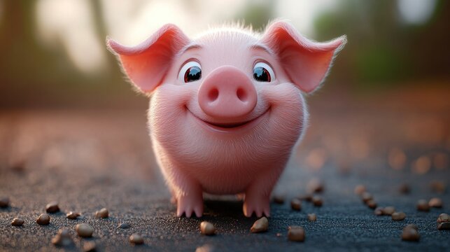 Happy piglet smiles, forest path, seeds