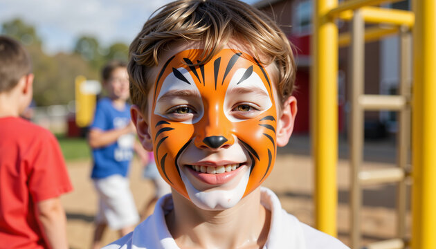 Smiling boy with tiger face paint on playground, joyful childhood