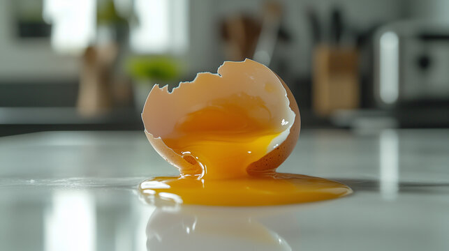 National Egg Month, A cracked egg with yolk slowly flowing on the marble kitchen table, Ai generated images