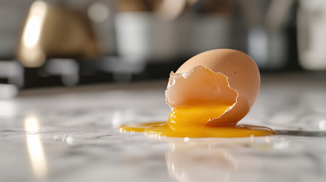 National Egg Month, A cracked egg with yolk slowly flowing on the marble kitchen table, Ai generated images