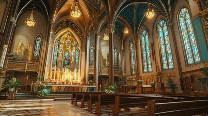 Obraz premium Ornate Church Interior With Stained Glass Windows And Altars
